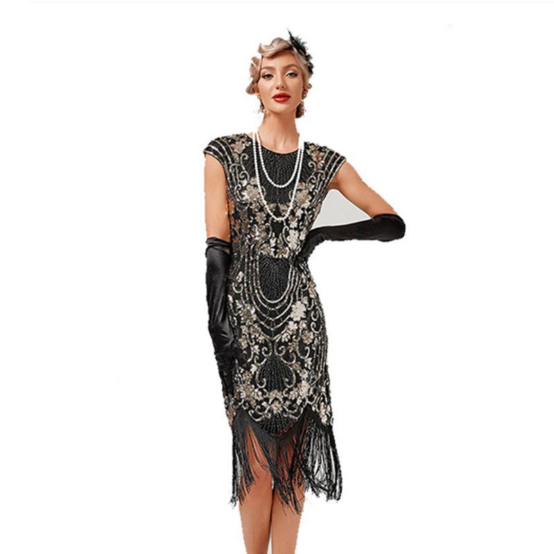 Gatsby 1920s Sleeveless Sequin Tassel Evening Dress Small чёрный/золотой