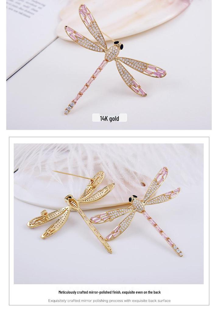 Elegant Dragonfly Brooch for Women - Gold-Plated, Zircon-Studded, Luxurious Accessory.