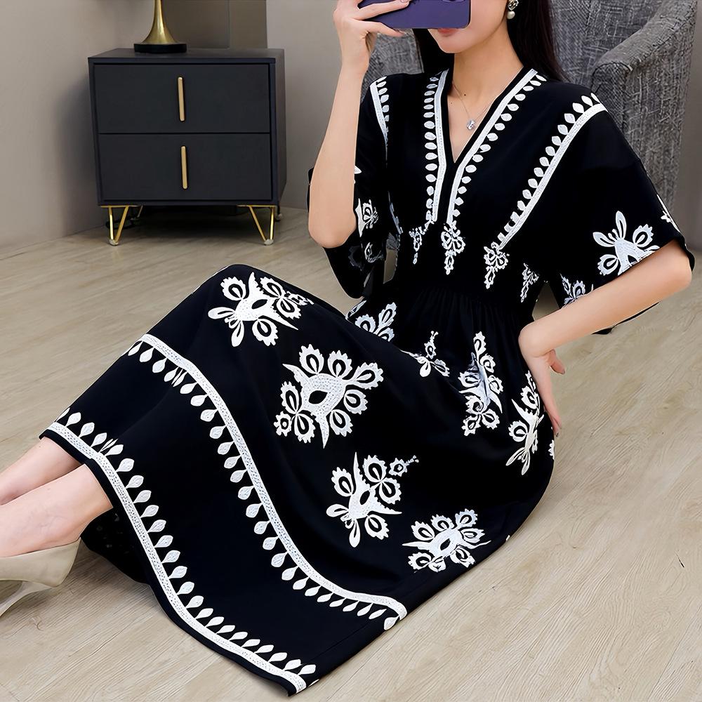 26-Year Floral V-Neck Cotton Silk Batwing Sleeve Beach Dress - Thailand Travel & Vacation Skirt Style