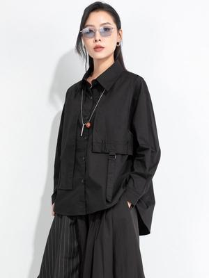 Original Dark Style Irregular Two-Piece Long Sleeve Women's Shirt - Pure Black, Spring & Autumn