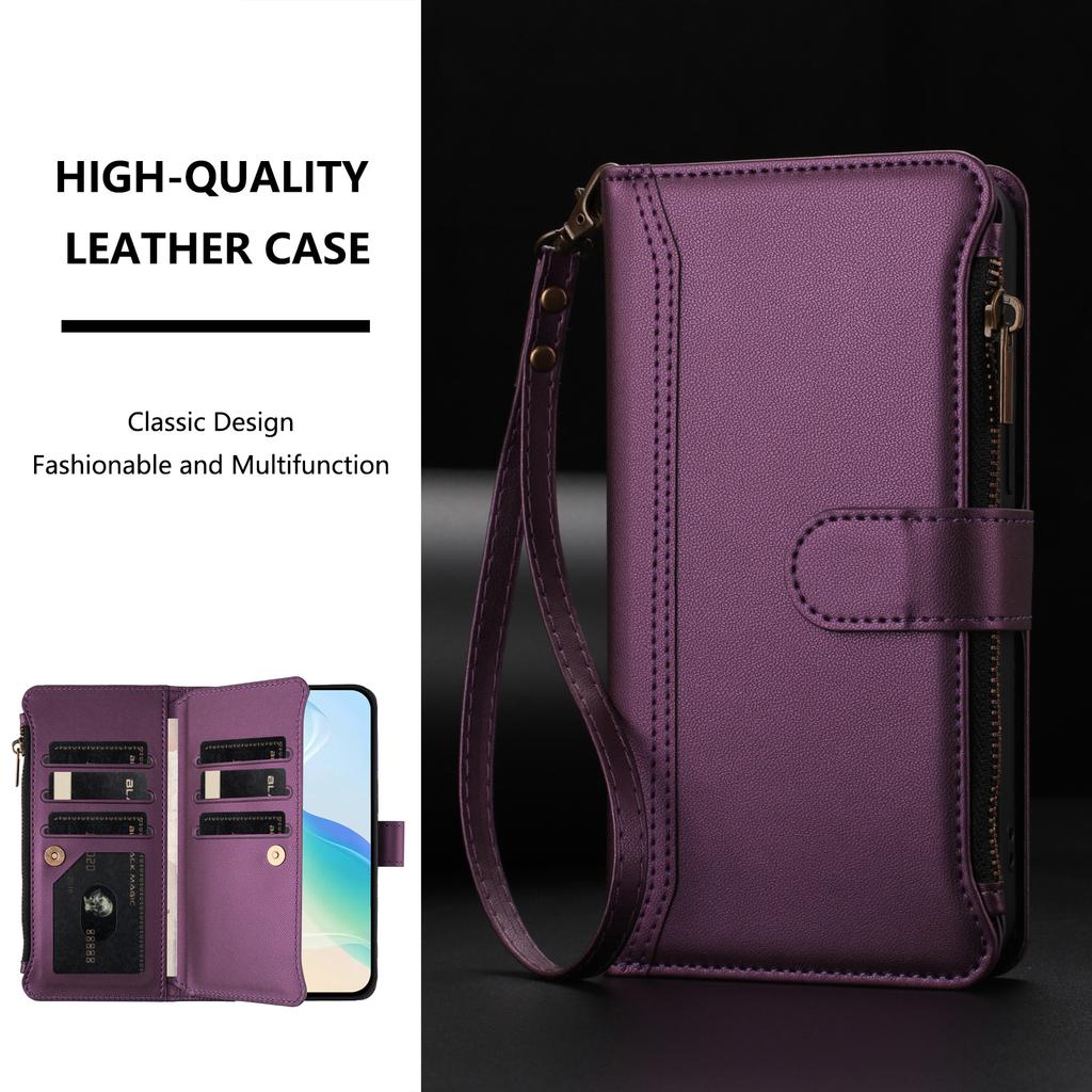For iPhone 15 Pro Leather Case 9 Card Slots Zipper Wallet Stand Phone Cover with Wrist Strap