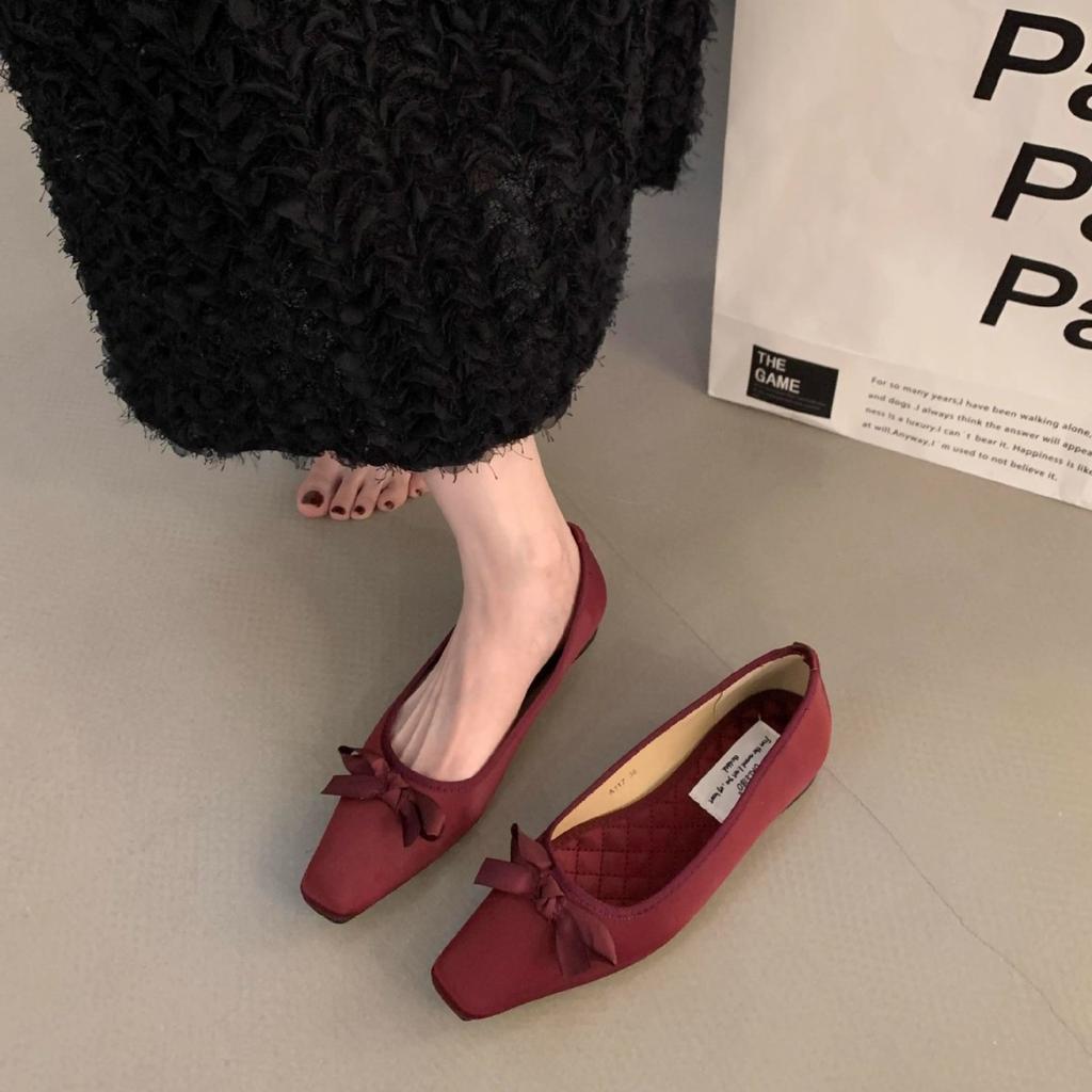 French Retro Satin Square Head Single Shoes Women's 2025 Spring and Summer New Light Mouth Bow Evening Thick Heel Ballet Shoes