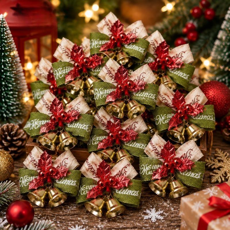 10PC Christmas Bow Bells for Christmas Tree Decora Gift Wrapping Weddings New Year Parties Small Ornaments with Golden Tips