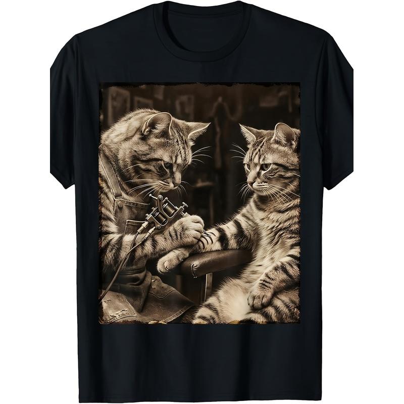 Humorous T-Shirt Featuring a Tattooed Cat, Ideal for Various Occasions Like Birthdays And Holidays, Available in Sizes Small to 3XL