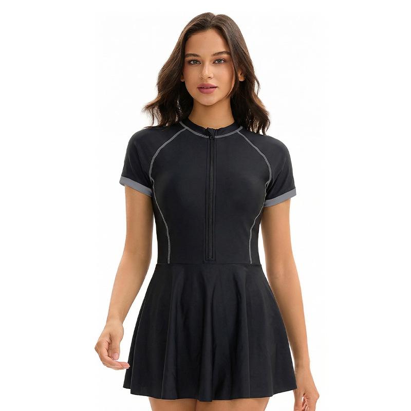 New skirt one-piece triangular swimsuit women's short-sleeved conservative sunscreen sports swimsuit wholesale