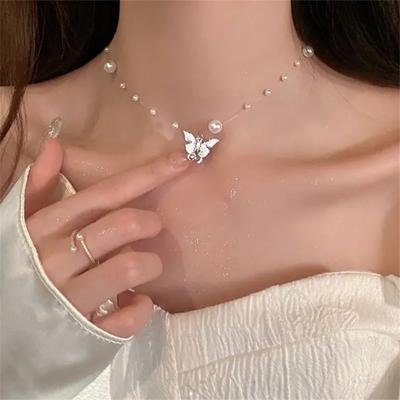 Trendy Butterfly Imitation Pearl Pendant Choker Necklace for Women Girls Elegant Romantic Chain for Female Fashion Jewelry