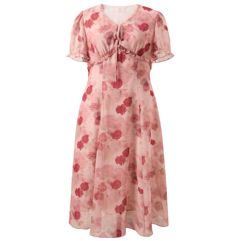 Sancai Plus Size French Style Watercolor Rose Print Dress L