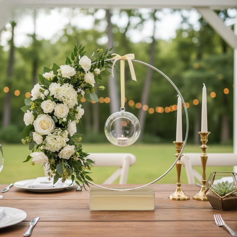 10 Sets Floral Wreath Centerpiece Set with 20-25cm Silvery Metal Ring & Wooden Base Reusable Hoops Wedding Garlands Table Decor