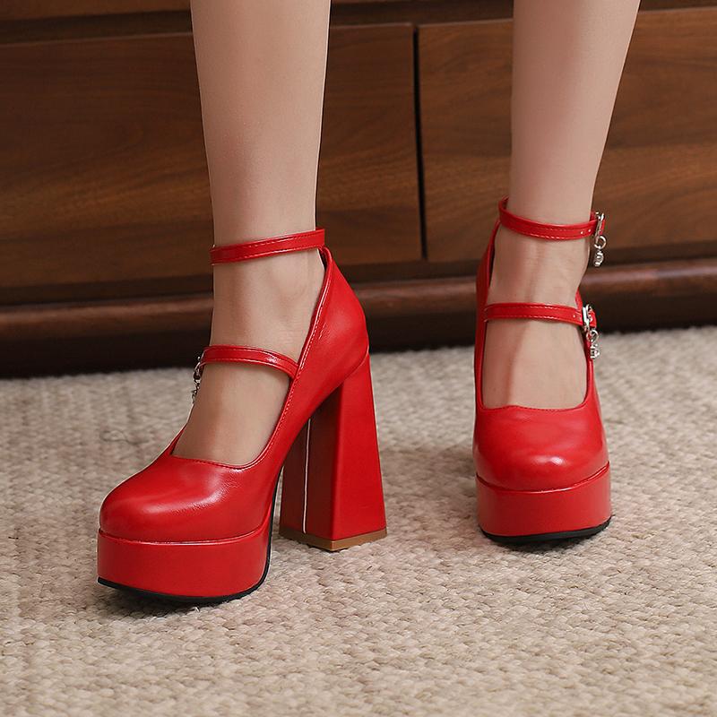 Q/Scarpe singole con tacco alto da donna Primavera/Estate Nuovo colore solido Piattaforma impermeabile Tacco spesso Bocca bassa Scarpe basse di grandi dimensioni