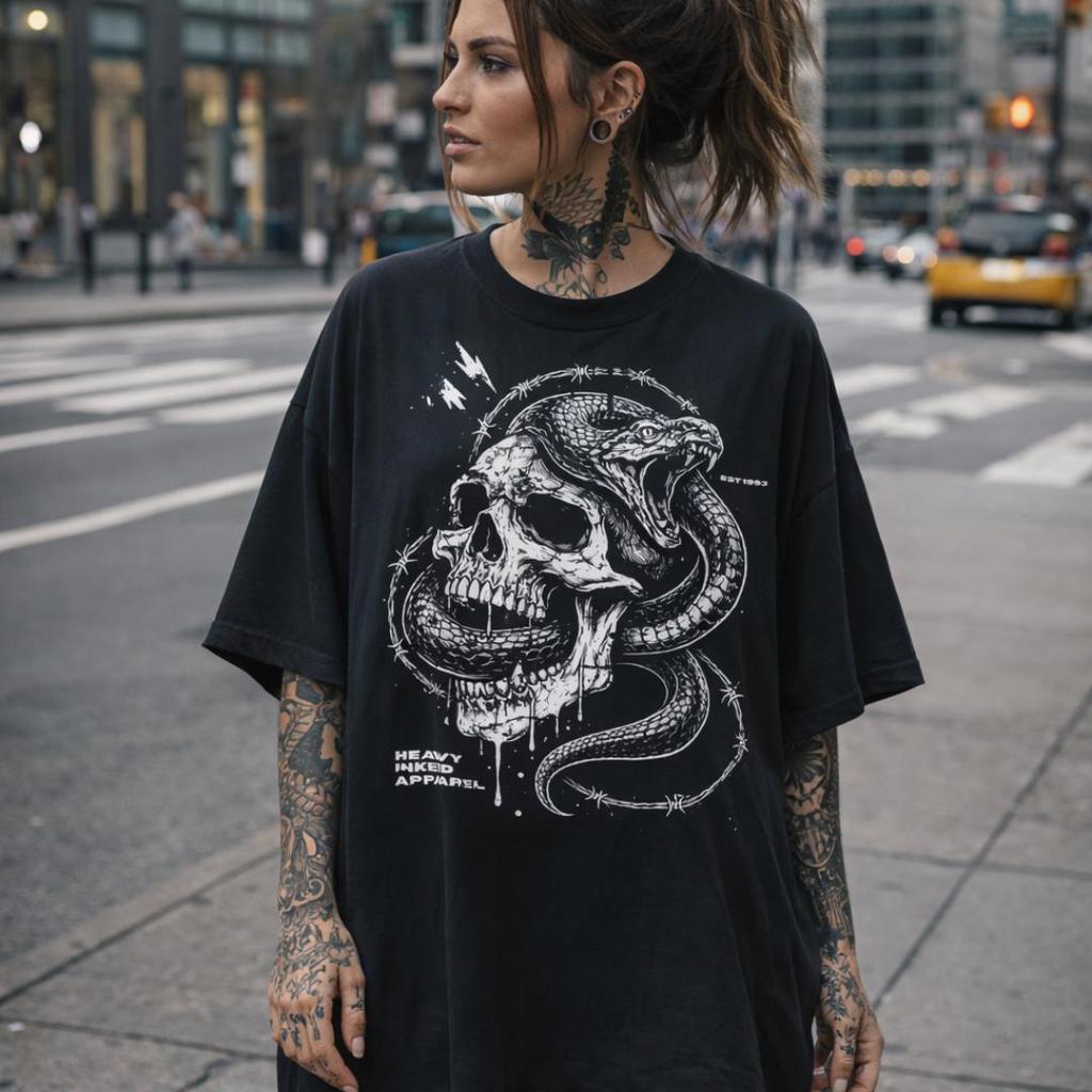 Skull Snake Graphic TShirt Dark Grunge Streetwear Oversize Black Tee Heavy Inked Apparel