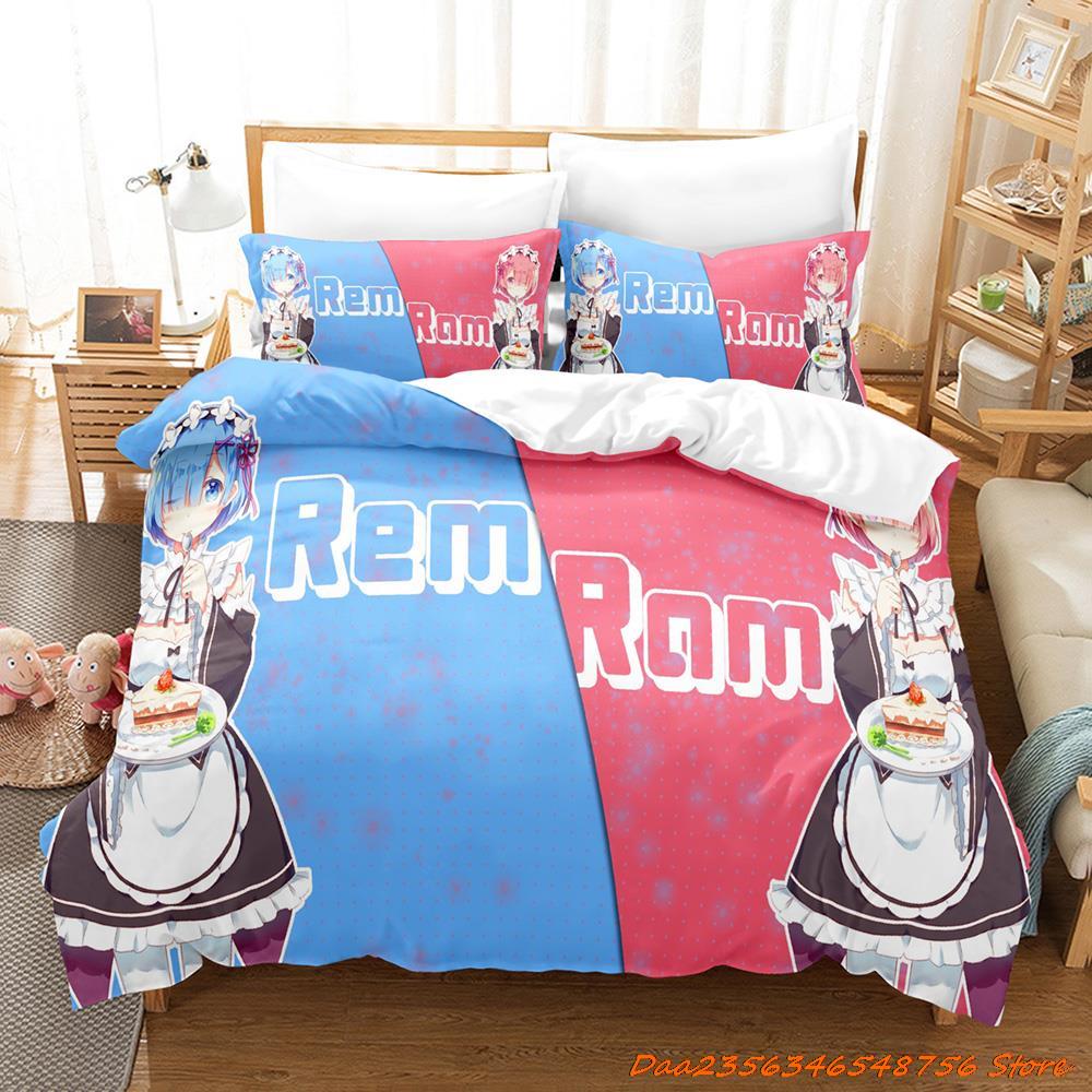 Comforter Re Zero Rem Ram Bedding Set Cartoon Anime Three-Piece Set Adult Kid Bedroom Duvet Sets 3D Kawaii Girl Twin Set