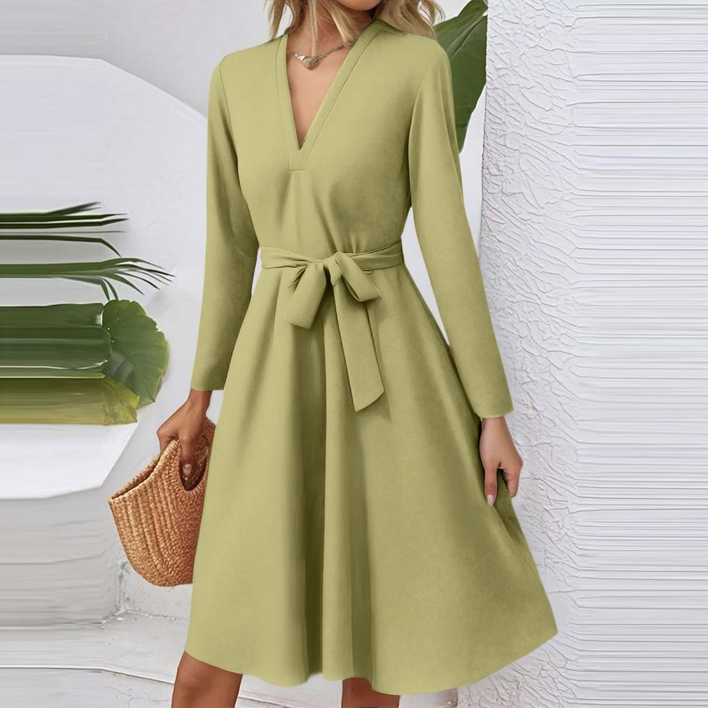 Women's Fashion Casual V-Neck Long Sleeve Waist Solid Color Midi Dress
