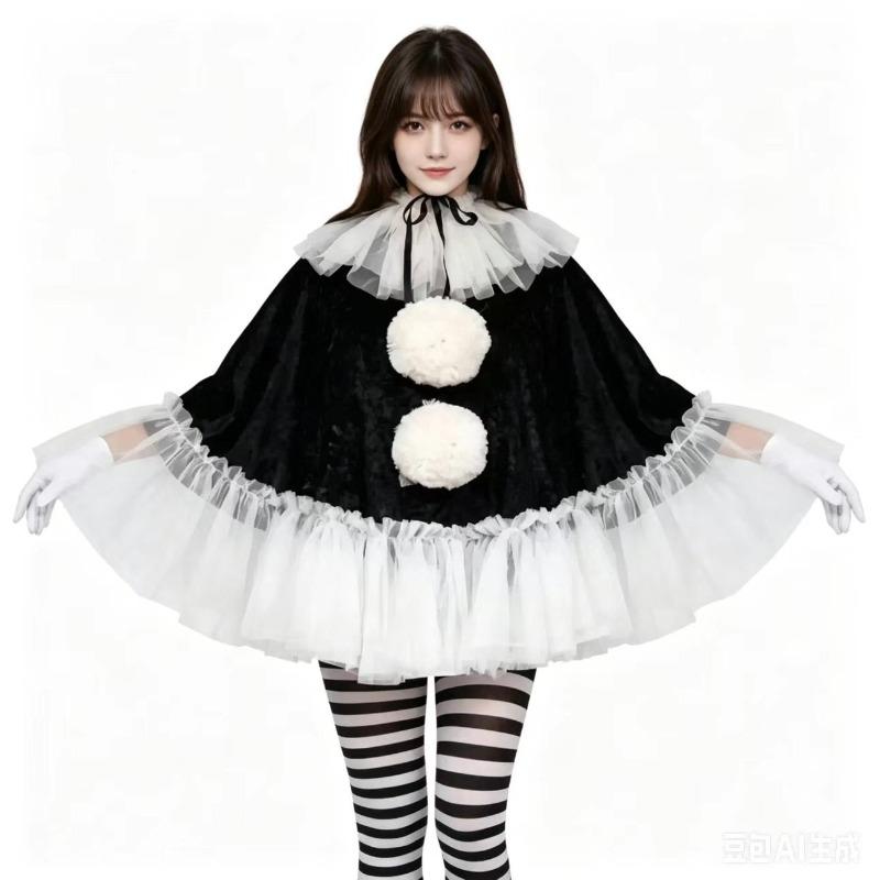 New Women Halloween Cosplay Costume Clown Pierrot Black White Lace Cape Poncho Suits Theme Party Role Playing Outfit for Adult