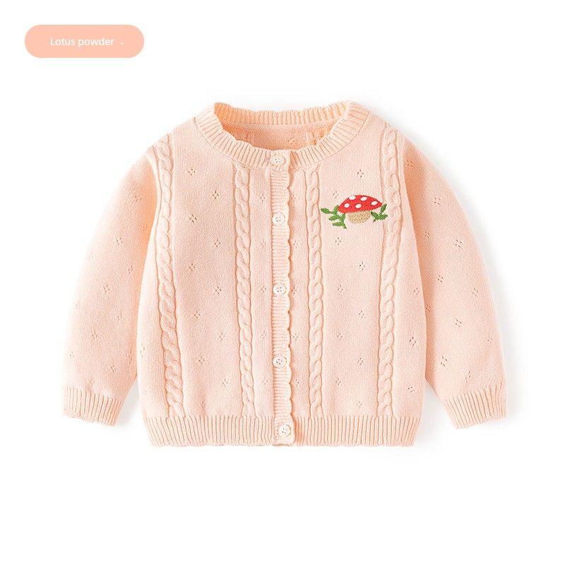 Children's Mushroom Knit Sweater, Girls' Cardigan with Lace Collar, Baby Girl's Long-Sleeved Coat, Spring and Autumn Children's Clothing