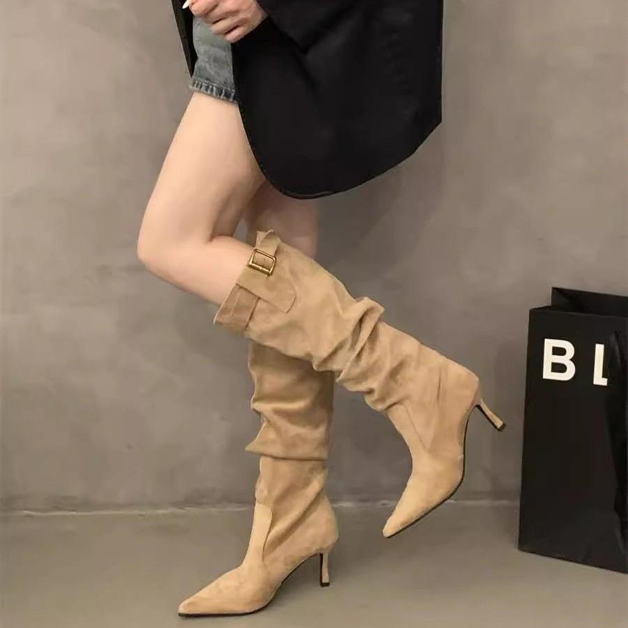 Skinny Boots Pointed Thin Heel Boots Pile Boots Daily High Heel Belt Buckle Folds