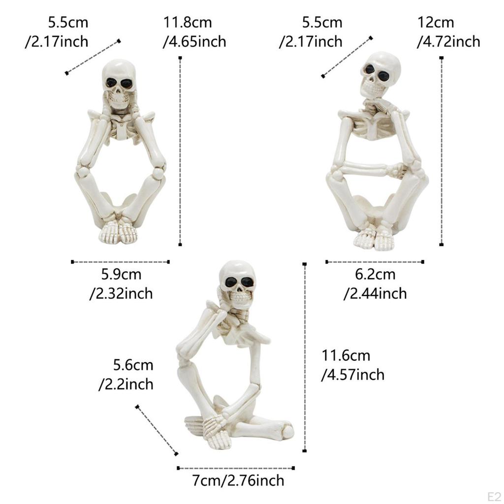 3x Skeleton Thinker Figurine, Skeletons Statue, Decorative Sturdy Halloween Decor Pose