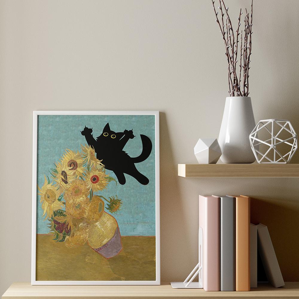 Funny Cat Art Poster Black Cat Swoop Van Gogh’S Sunflower Prints Canvas Painting Monet Flower Wall Art Picture Living Room Decor
