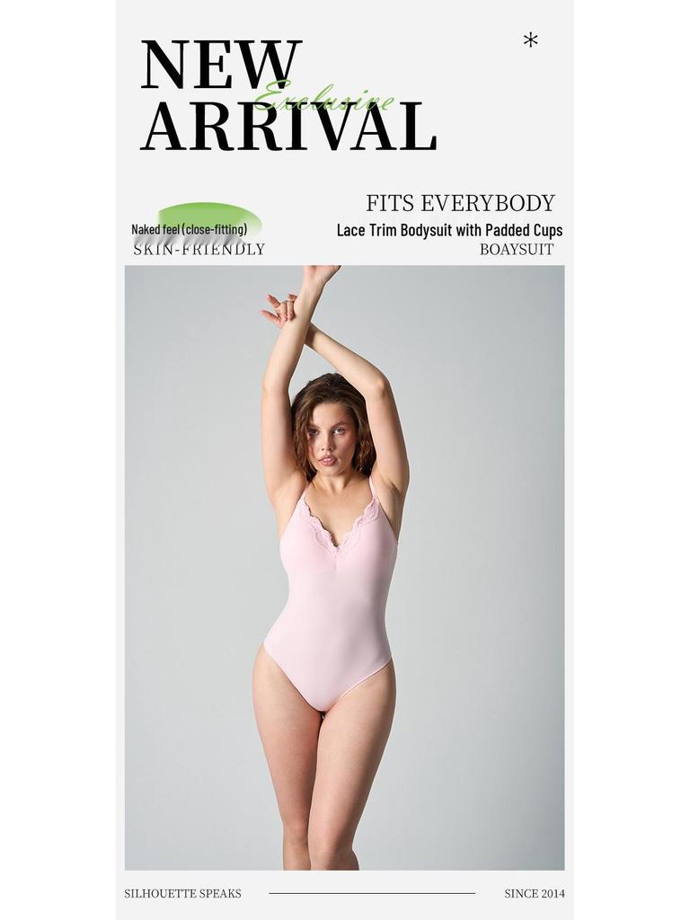 SKIMS Style Lace Trim Nude Bodysuit with Bra Pads - Sexy Women's Camisole 