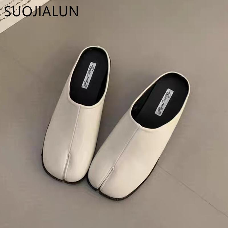 Fashion SUOJIALUN Autumn Women Flat Slipper Fashion Split Toe Slip On Mules Shoes Ladies Casual Soft Flat Heel Outdoor Slides Sandal Sho