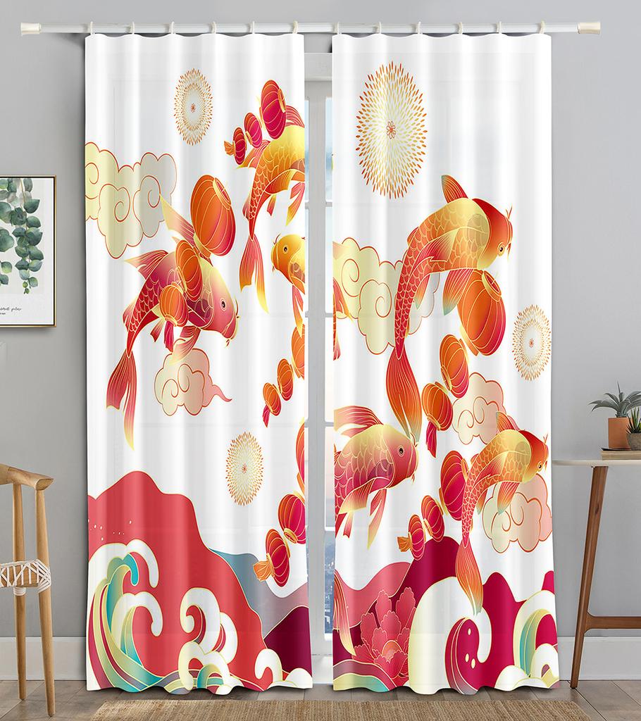 Chinese Tradtional Gold Fish Sea WaveBlackout Window Curtain for Living Room Bedroom Bathroom Kicthen Door Cupboard Decor Hooks