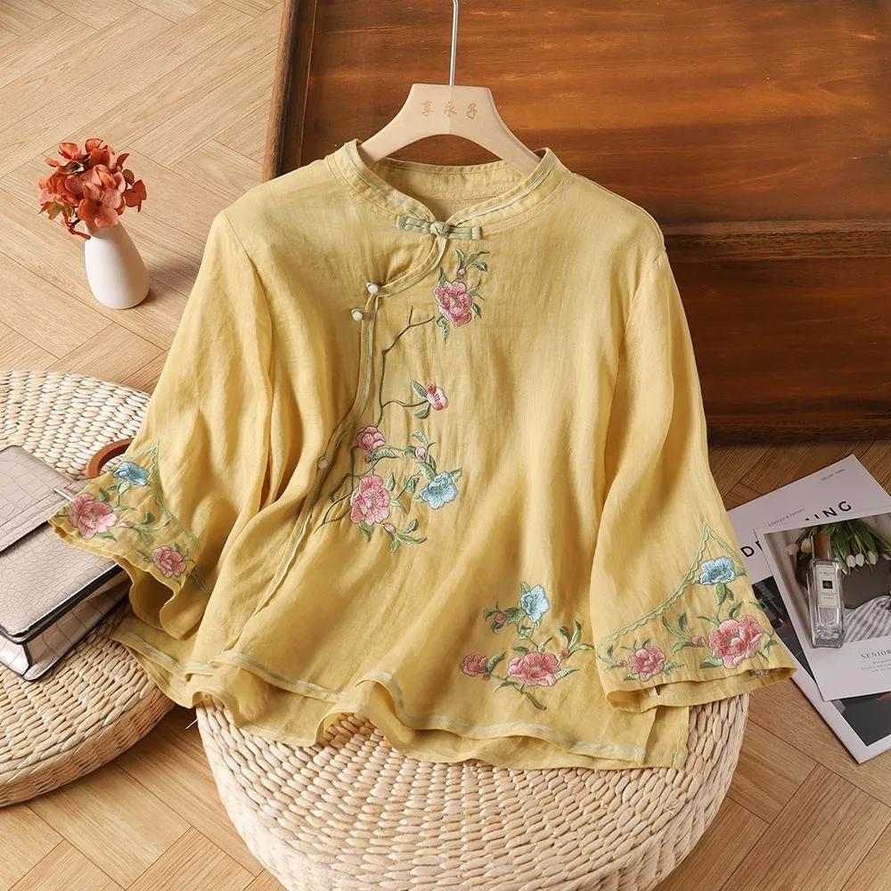 Embroidered Cotton Linen Shirt Women Summer Loose Retro Half Sleeves Blouse Ladie Retro Slanted Placket Frog Button Artsy Three-quarter Sleeve Top XS жёлтый