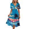 Women V Neck Short Sleeve Casual Dress Hawaiian Print Mid Length Summer Dress with Waist Tie Beachwear