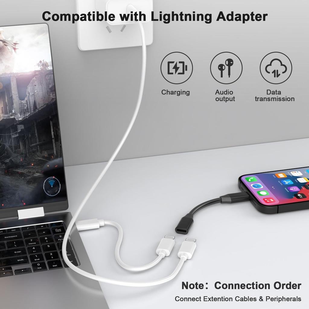 10cm iPhone Ladeverlängerungsadapterkabel Lightning Stecker auf Lightning Buchse Ladegerät MFi-zertifizierter Anschluss Konverter Dongle Kompatibel mit