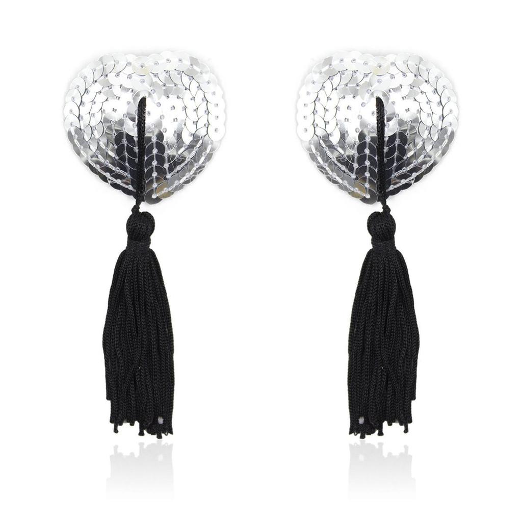 Sequin Heart-shaped Tassel Nipple Covers - Adult SM Bondage Accessory