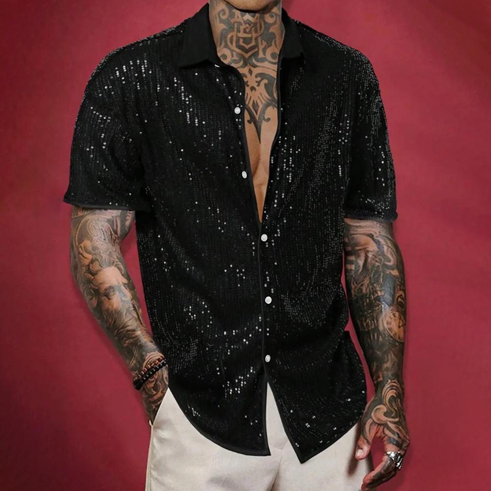 Mens Shirt Shiny Nightclub Sequin Thin Shirt Streetwear Ballroom Stage Performance Fashion Short Sleeve Top Men S Clothing 2025 S чёрный