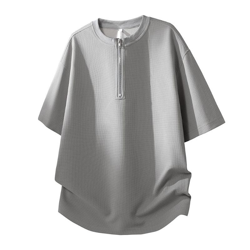 Men's Gray Waffle Knit Half Zip T-Shirt - Oversized Casual Short Sleeve Henley Top