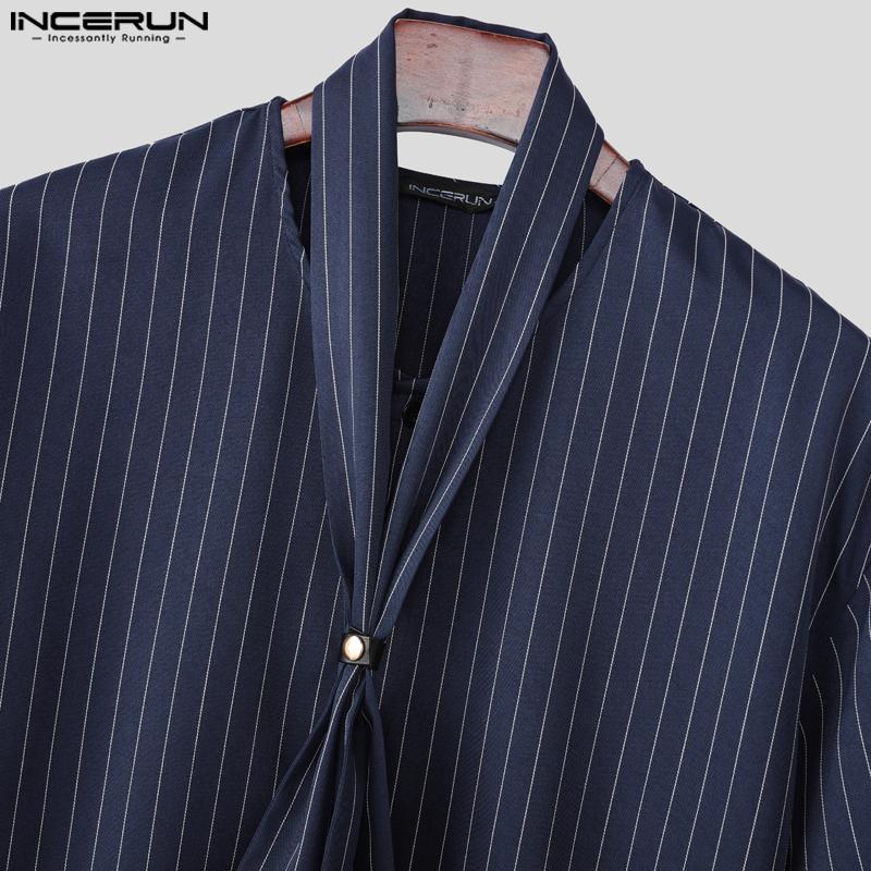 INCERUN 2PCS Men Tie Up Neck Short Sleeve Shirt Long Straight Pants Striped Sets