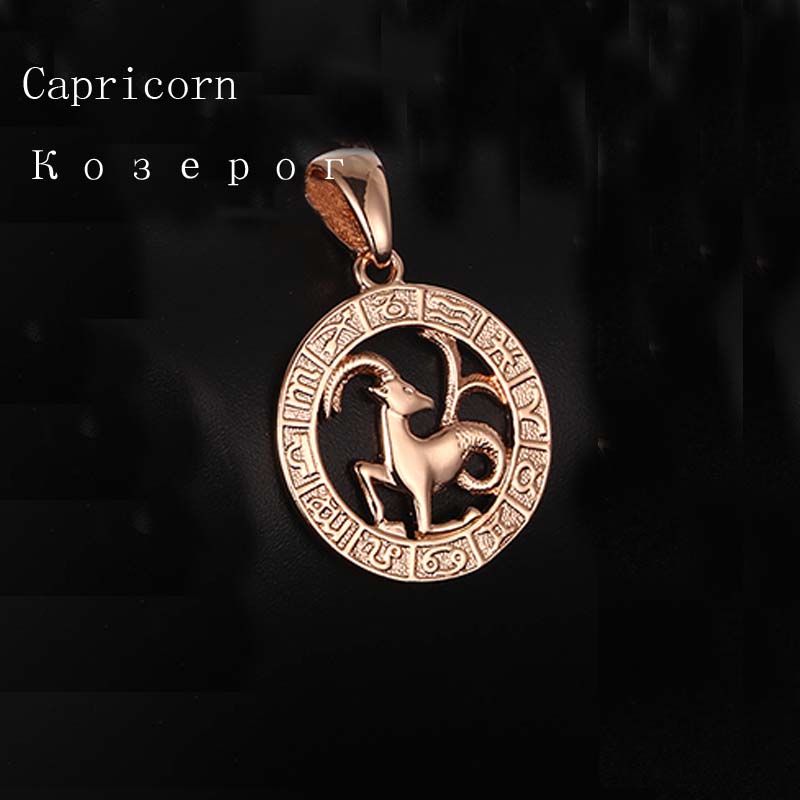 FJ 12 Zodiac Sign 585 Gold Color Constellation Rose Pendants Capricorn/Gemini Twisted + 50cm Chain Women Men Zircon