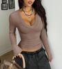 Fashion Women's Flared Cuff V-neck Top, Ribbed Knit Form-fitting Crop Top, Versatile Casual Top for Spring & Fall Outfits