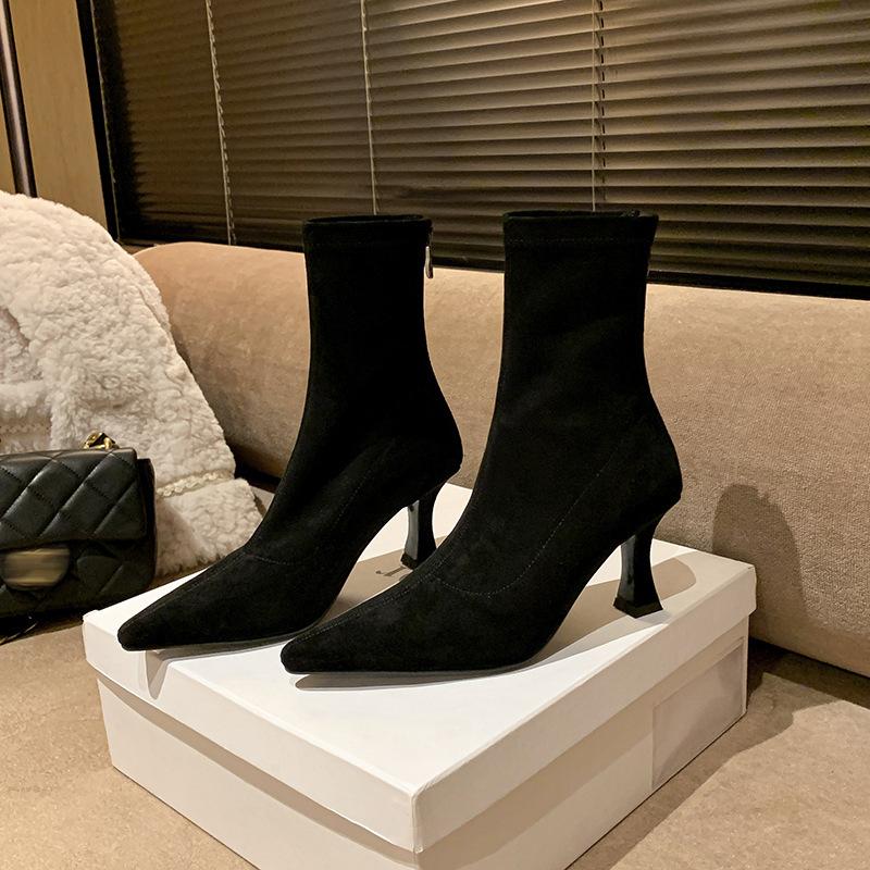 Fashion Comemore Pointed Toe Fleeces Women Sock Boots Fashion Side Zippers Shoes Autumn Winter High Heel Women's Morder Short Booties