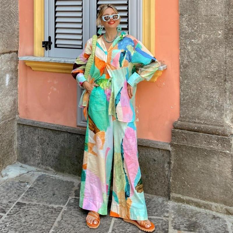 

Женский повседневный комплект брюк с принтом, повседневная рубашка с длинным рукавом и лацканами, женская резинка на талии, летние весенние праздничные наряды XL