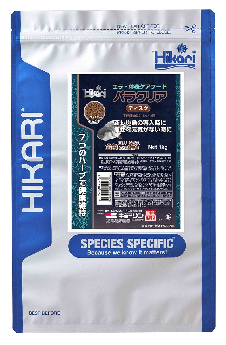 

Kyorin Paraclear Disk Formula Feed for Gill and Body Surface Care, 1kg, Sinking, Grain Size: 1.3-1.5mm
