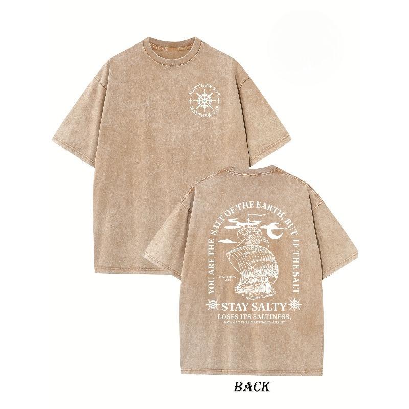 

European sizes Men s Washed T-Shirt with Nautical Stay Salty Print, Oversized Drop Shoulder Fit - Casual Streetwear 5XL дубильна кора