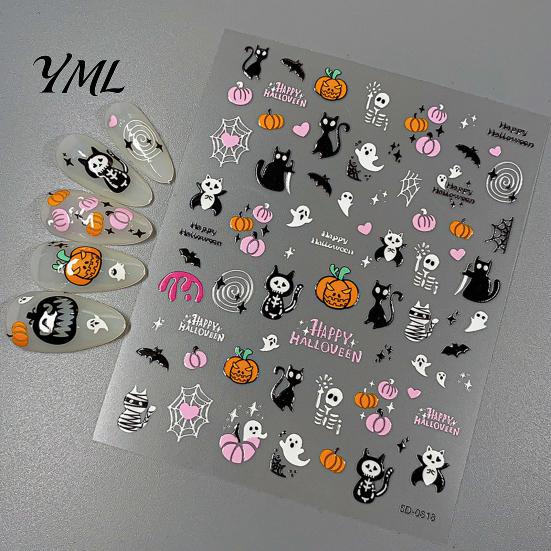 5D Embossed Nail Decals Halloween Art Stickers, Skull Pumpkin Ghost Relief Supplies Decals, Waterproof Self Adhesive Manicure Decoration Stickers