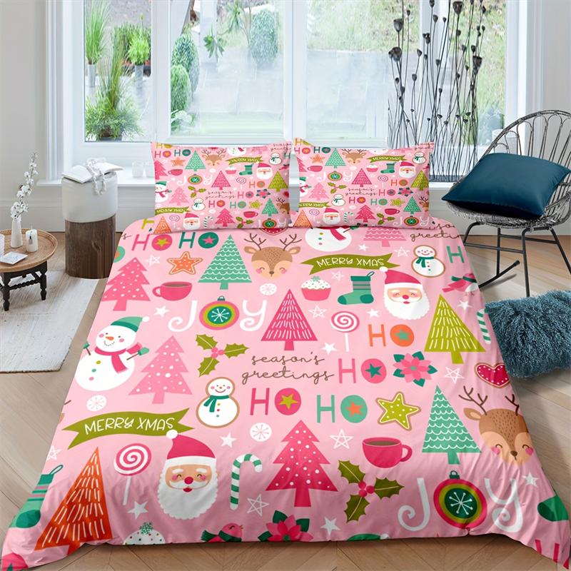 Festive Christmas Duvet Cover Set - 2/3pcs, Purple with Santa, Reindeer, and Snowflakes, Perfect for Bedroom or Dorm Decor