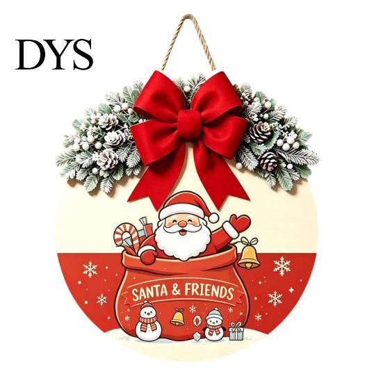 Winter Atmosphere Decor Christmas Wooden Welcome Sign for Front Door, Round Hanging Ornament with Santa Claus Snowman Art Artificial Pine Branches