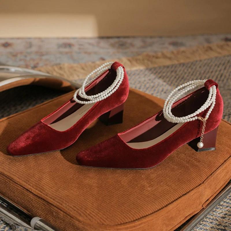 Luxury String Bead Ankle Buckle Design Pumps Women Cozy Shallow Pointed Toe Satin High Heel Sandals Elegant Evening Dress Shoes