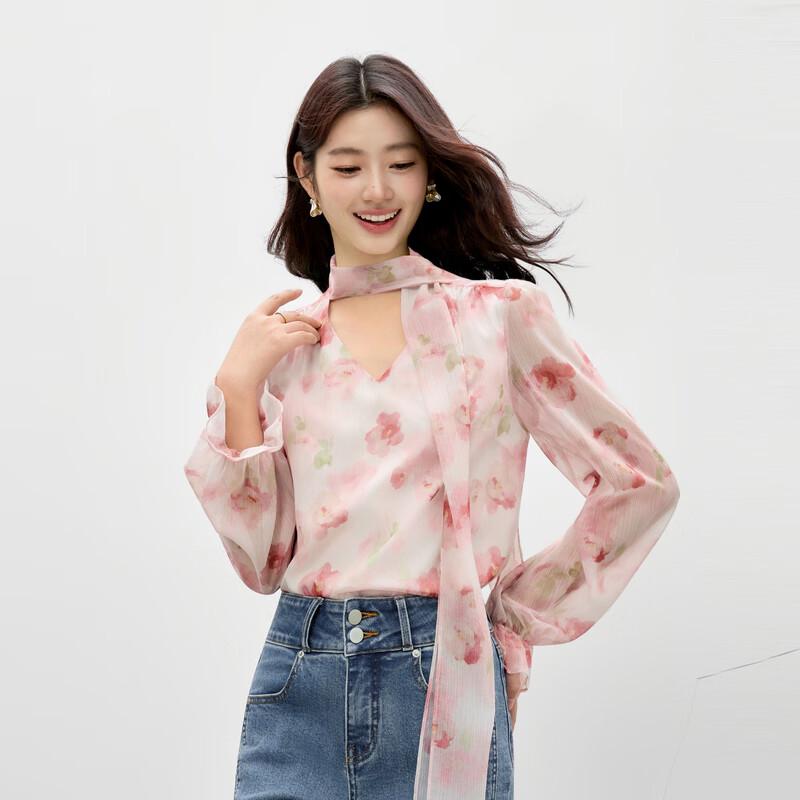 Women s French Print V-Neck Lace Blouse M