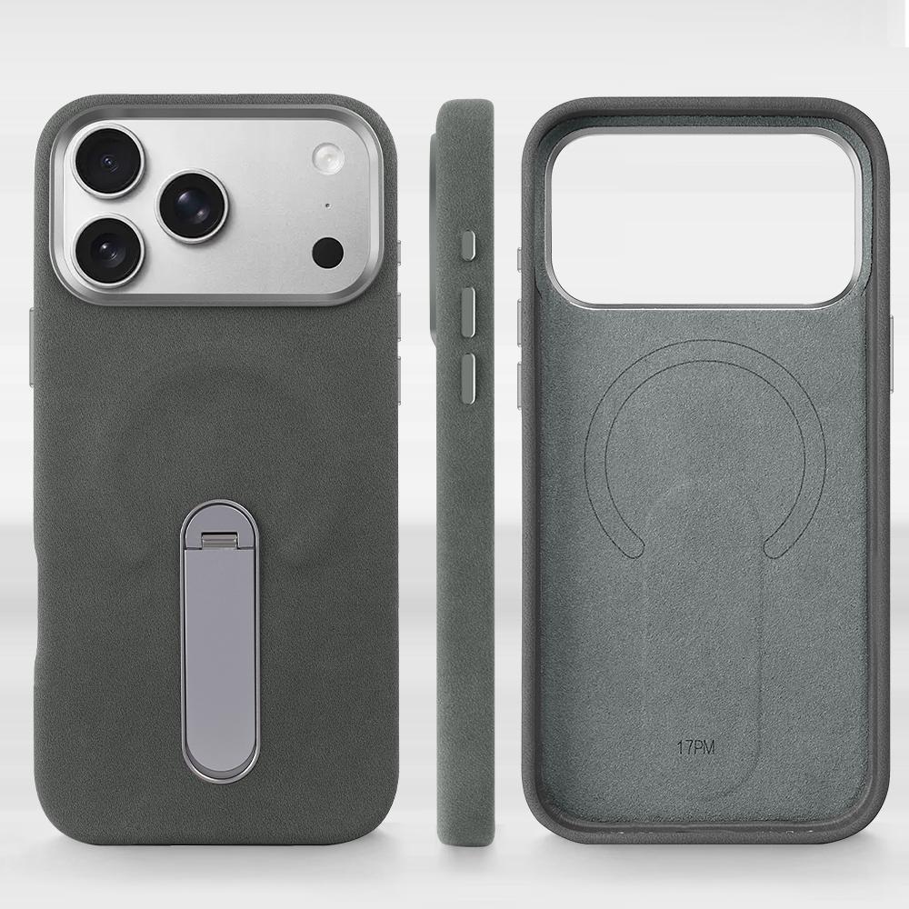 Suede PU Leather Magnetic Phone Case for iPhone 17 pro with 360° Rotatable Metal Holder Compatible with iPhone 17/16/15 Pro Max