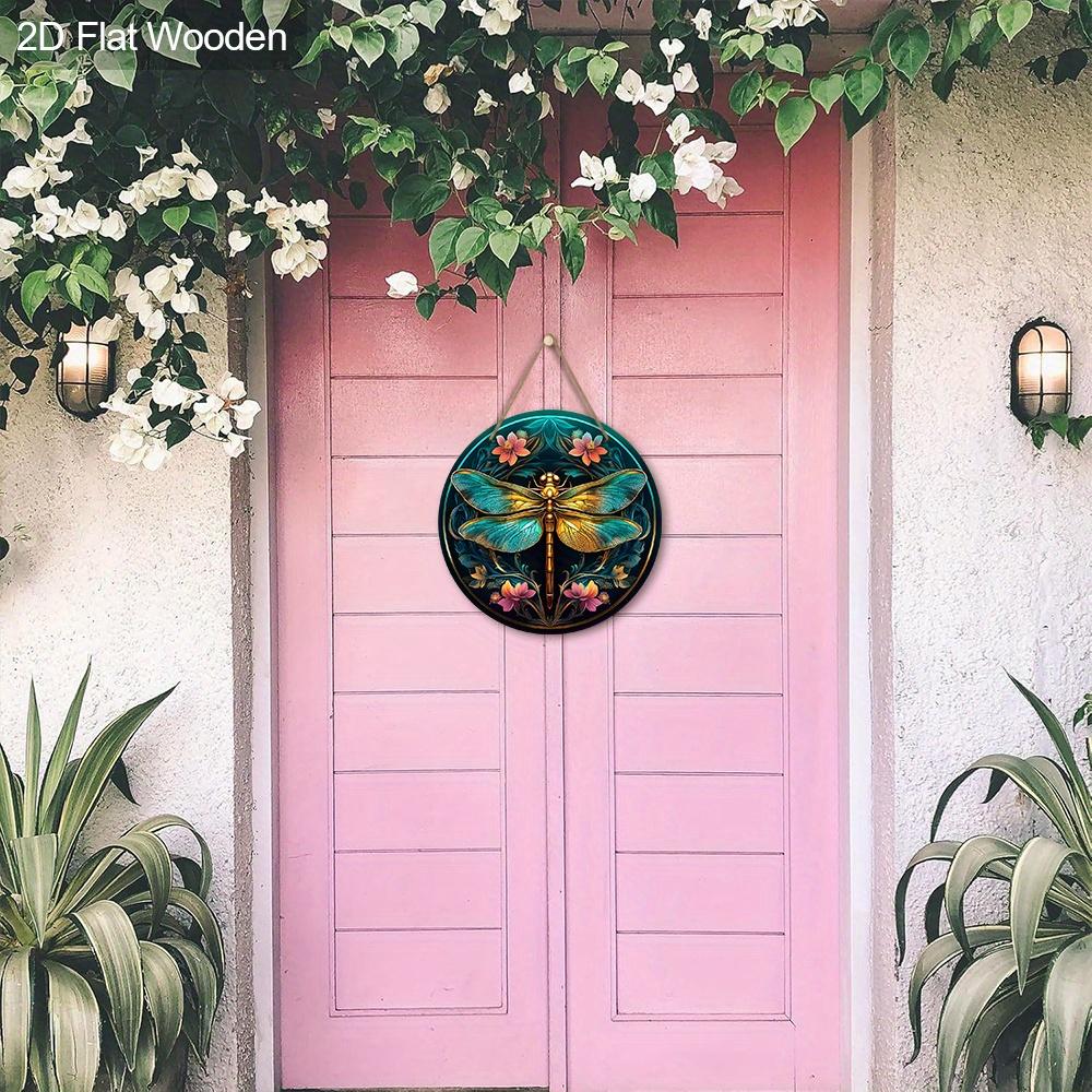 Vintage Holzschild mit Libellen- und Blumenmuster - Künstlerisches rundes Ornament für Haustür, Wandbehang-Dekor - Ideale Hängedekoration für Zuhause