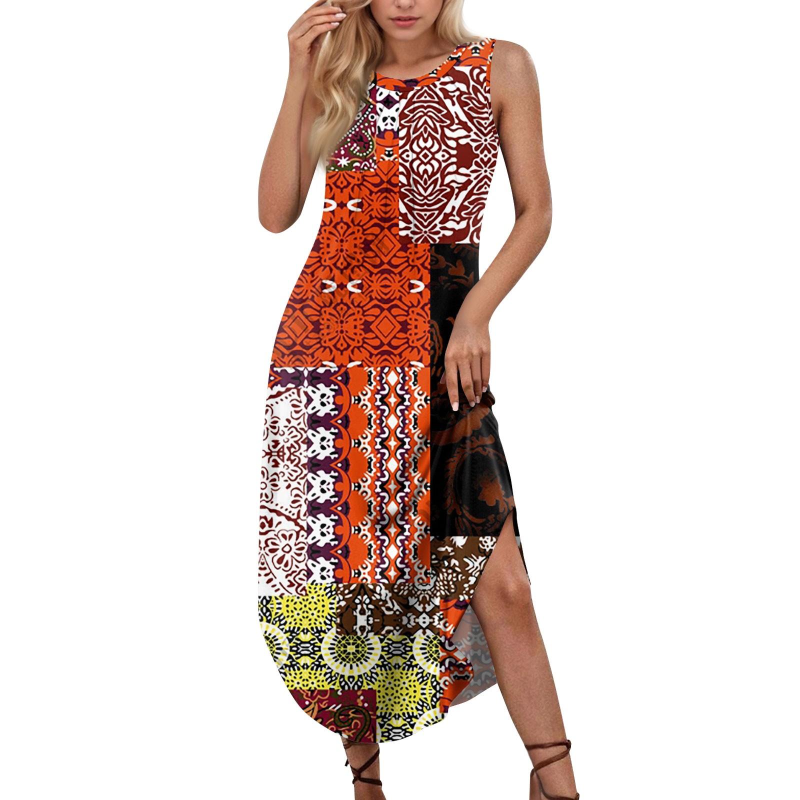 

Женские летние повседневные платья без рукавов с принтом и U-образным вырезом M шафрановый