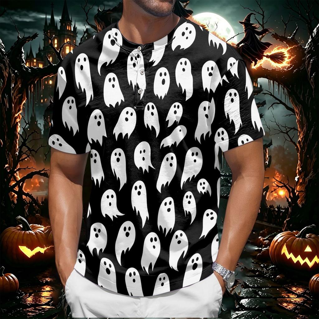 Men's Halloween Print Short Sleeve Henley Shirt Casual Round Neck Button Up Top for Seasonal Wear