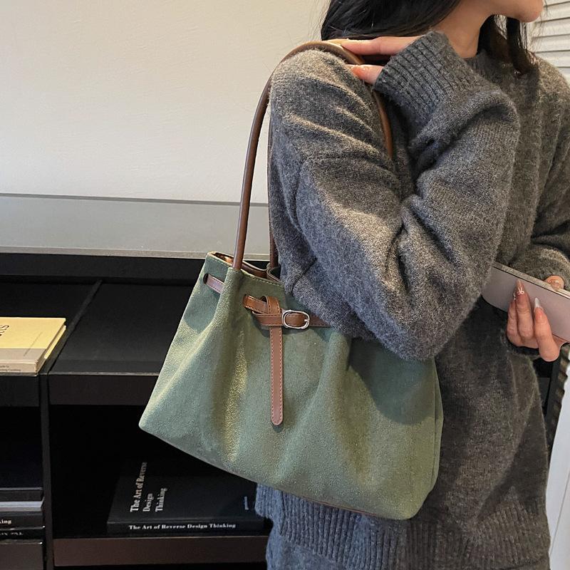 Autumn Suede Tote Bag For Women, Large Capacity Buckle Shoulder Handbag, Casual Work Commuter Purse