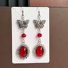 1Pairs Vintage Silver Dangle Earrings Hollow Butterfly Emerald Green Gem For Party Daily Wear Vacation