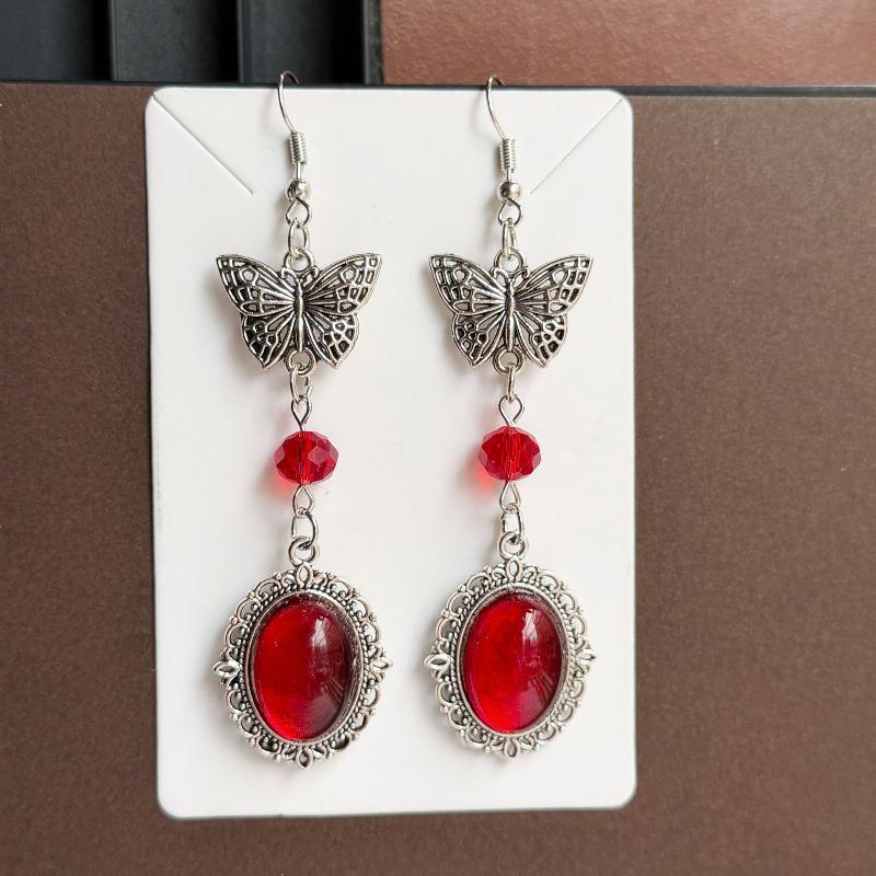 1Pairs Vintage Silver Dangle Earrings Hollow Butterfly Emerald Green Gem For Party Daily Wear Vacation