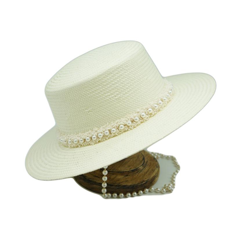 Japanese Celebrity French Retro Pearl White Flat Top Top Hat Women'S Summer Foreign Trade Export Shade Panama Straw Hat